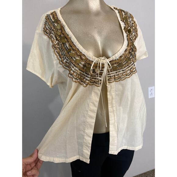 Old Navy Women Size Large Perfect Fit Top Cardigan Blouse Beaded Tie BOHO - Picture 2 of 10